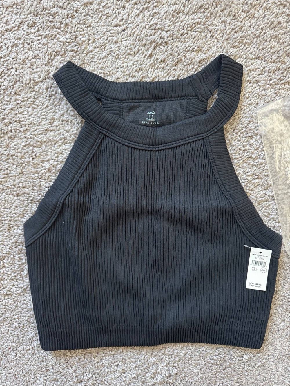 Aerie Black Ribbed Halter Crop Top w shelf bra